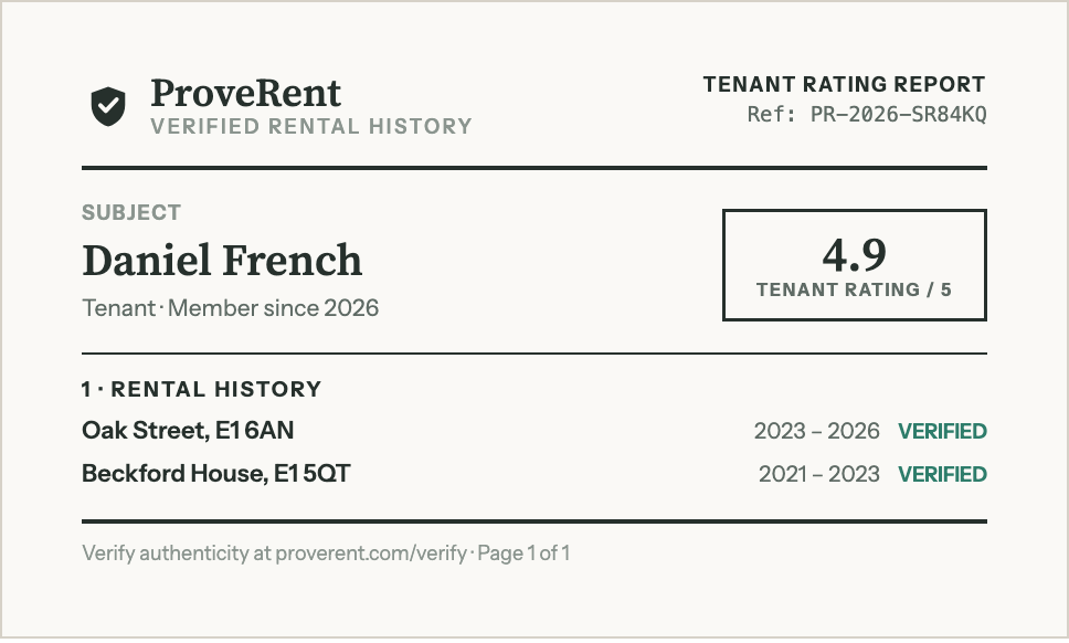 Sample ProveRent Report: a 4.9 tenant rating above two verified tenancies.